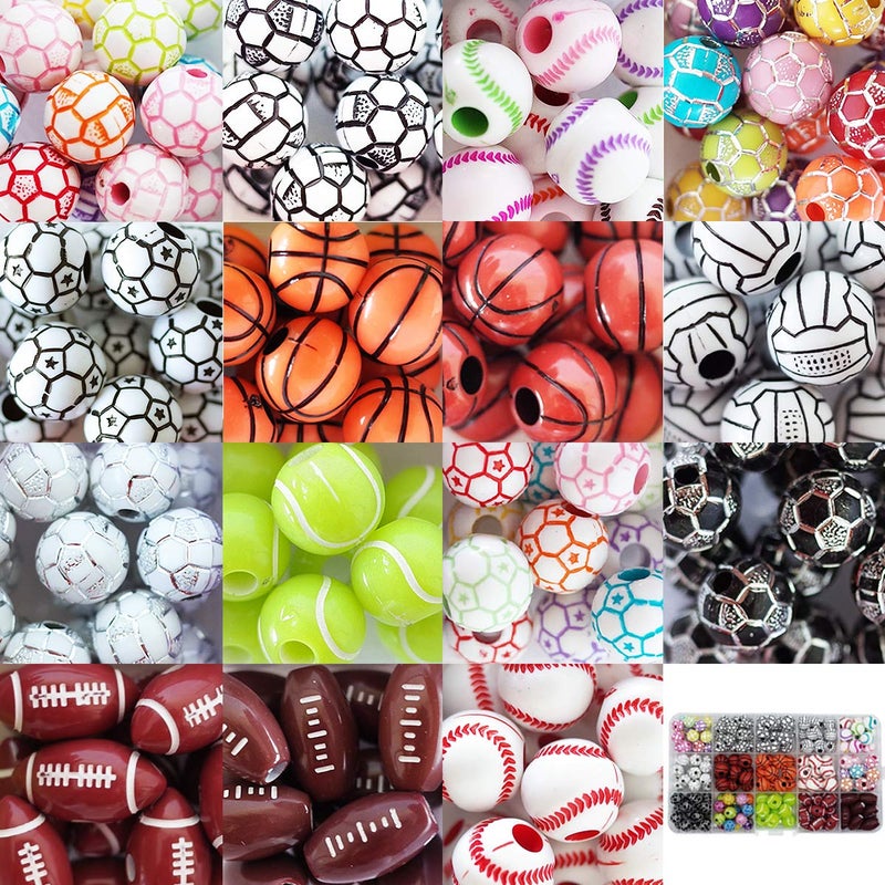 FOIBURELY 15 Styles Sports Beads Football Baseball Basketball Tennis Volleyball Soccer with 1 Roll of Elastic Rope and a Plastic Box for DIY Bracelet Necklace Making - Image 1